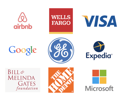 Logos of nine employers that run matching gift programs, among them Microsoft, Google, Airbnb and the Gates Foundation, shown as examples.