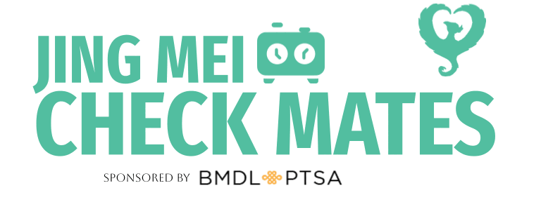 Jing Mei Check Mates, sponsored by BMDL PTSA. The name in heavy teal capitals beside a chess clock, with a phoenix curled into the shape of a heart.