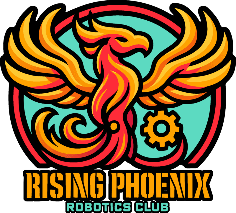 Rising Phoenix Robotics Club badge. An orange and red phoenix with outstretched wings rises in front of a teal circle, beside a gear.